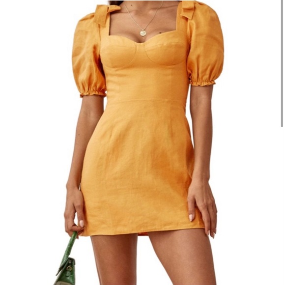 REFORMATION Spring Bow Sleeve Dress NEW Gold Size 4 - Picture 1 of 14